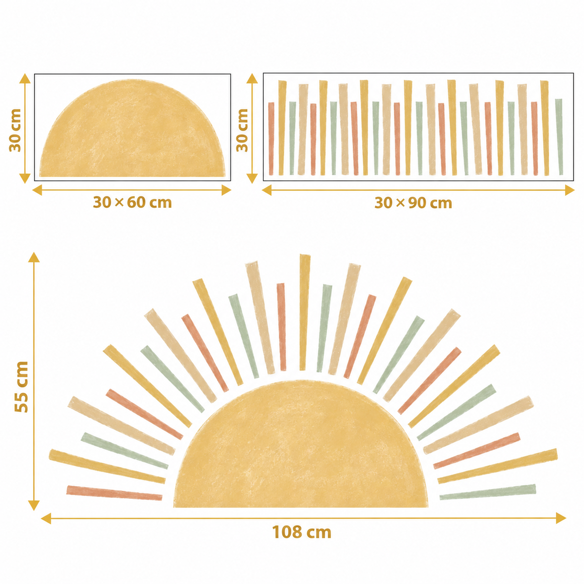 Schéma sticker mural Soleil Levant : deux planches de 30 × 90 et 30 × 60 cm ; motif posé 108 × 55 cm