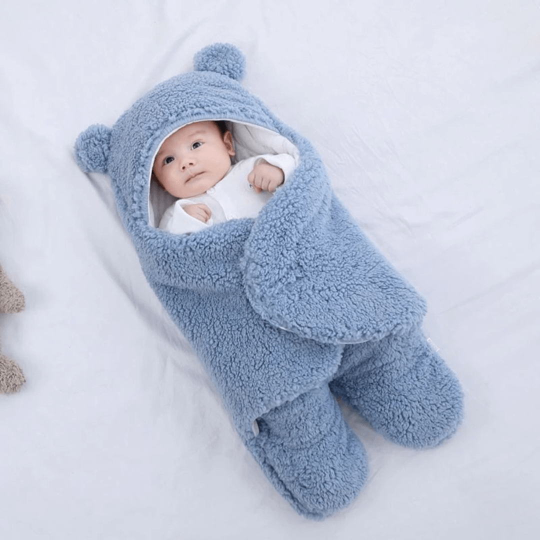 Nid ange ourson bleu pour bebe bien chaud en coton et en polaire