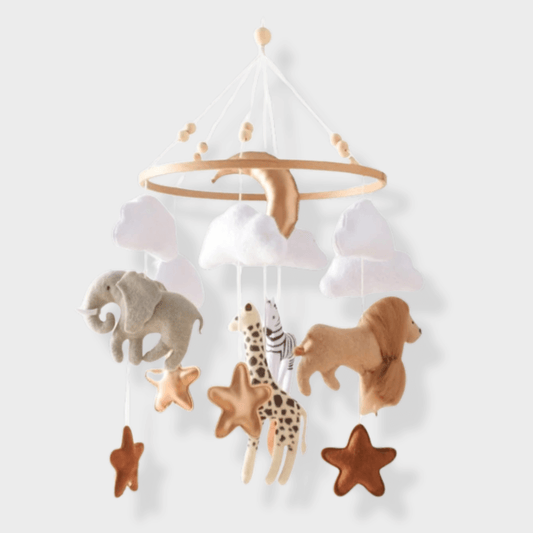 Mobile lit bébé en bois et en laine avec motifs lion éléphant, girafe, zèbre